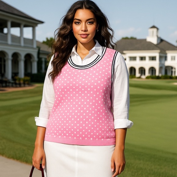 Talbots Tops - Talbots Woman Pink Polka Dot Sweater‎ Knit Vest 2X Preppy Academia Church Office